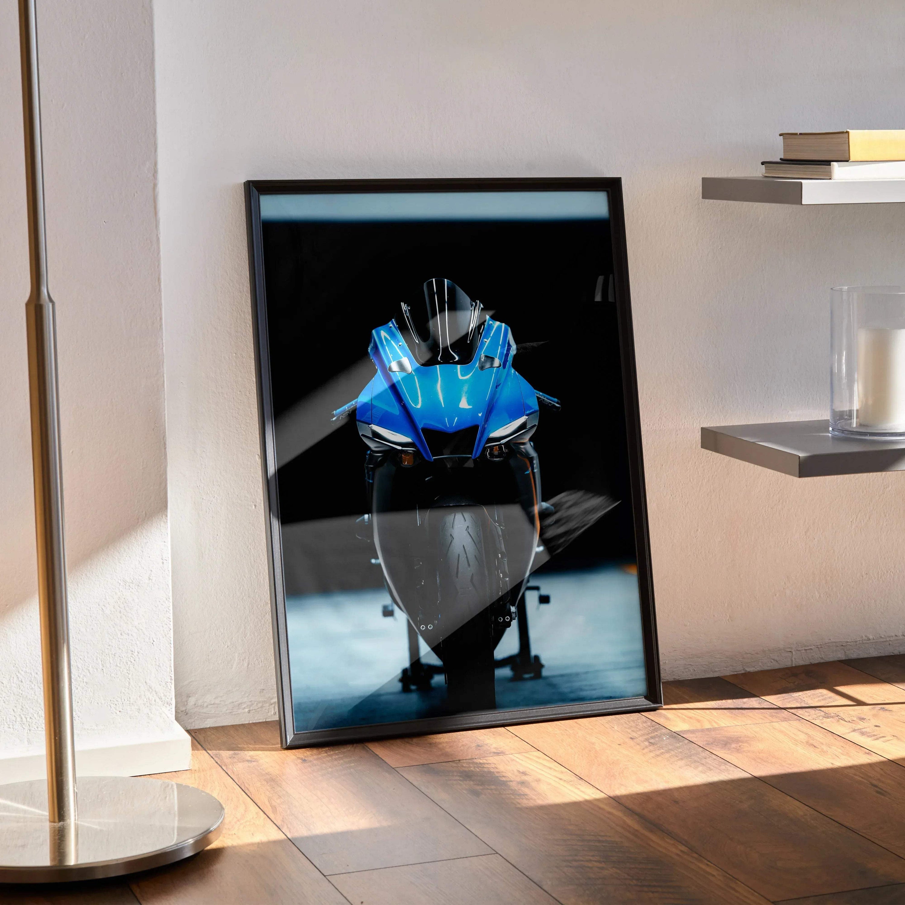 Yamaha YZF-R1 motorcycle poster with blue bike art framed as modern wall art.