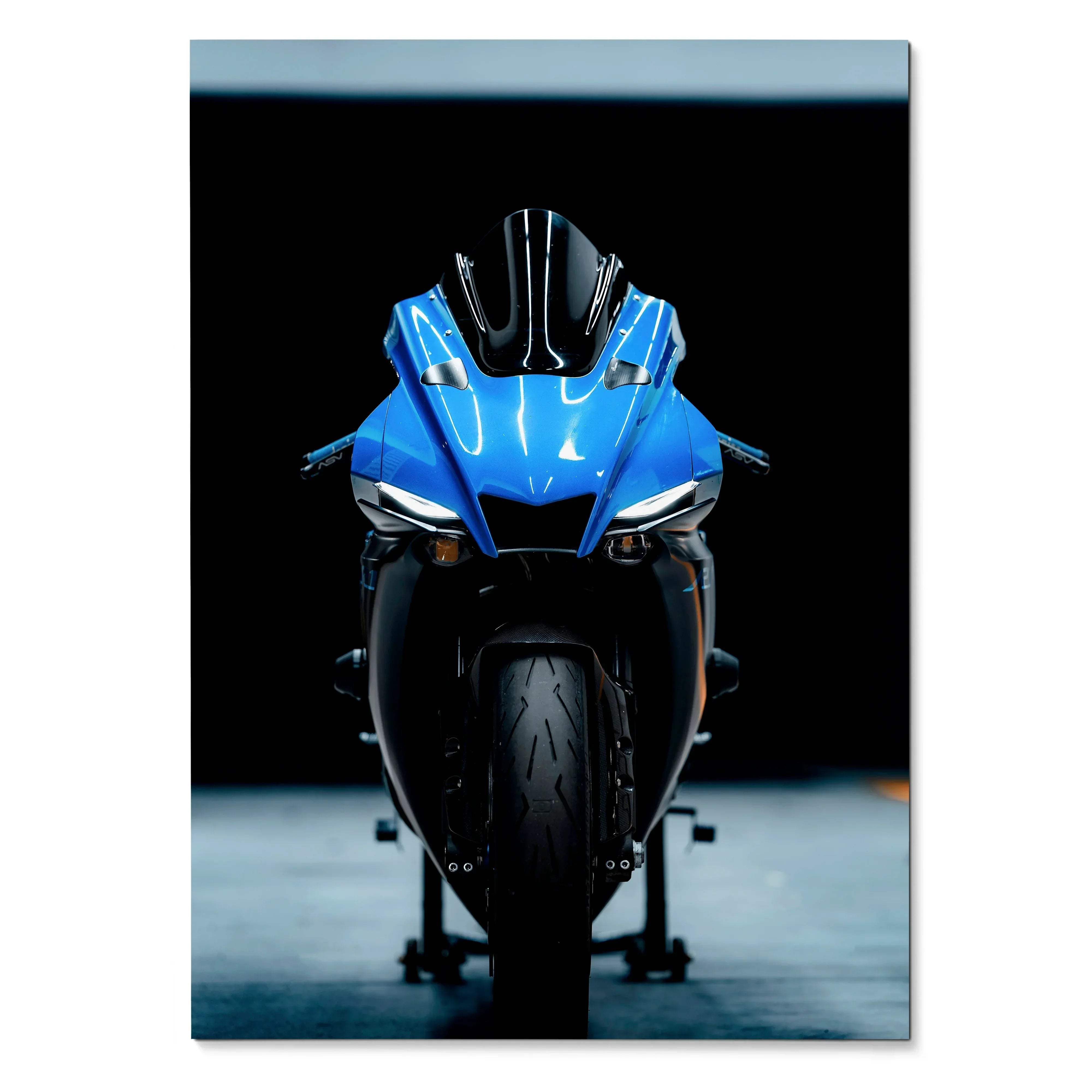 Blue Yamaha YZF-R1 motorcycle front view poster with dark background wall art.