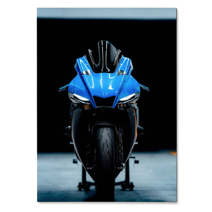 Blue Yamaha YZF-R1 motorcycle front view poster with dark background wall art.