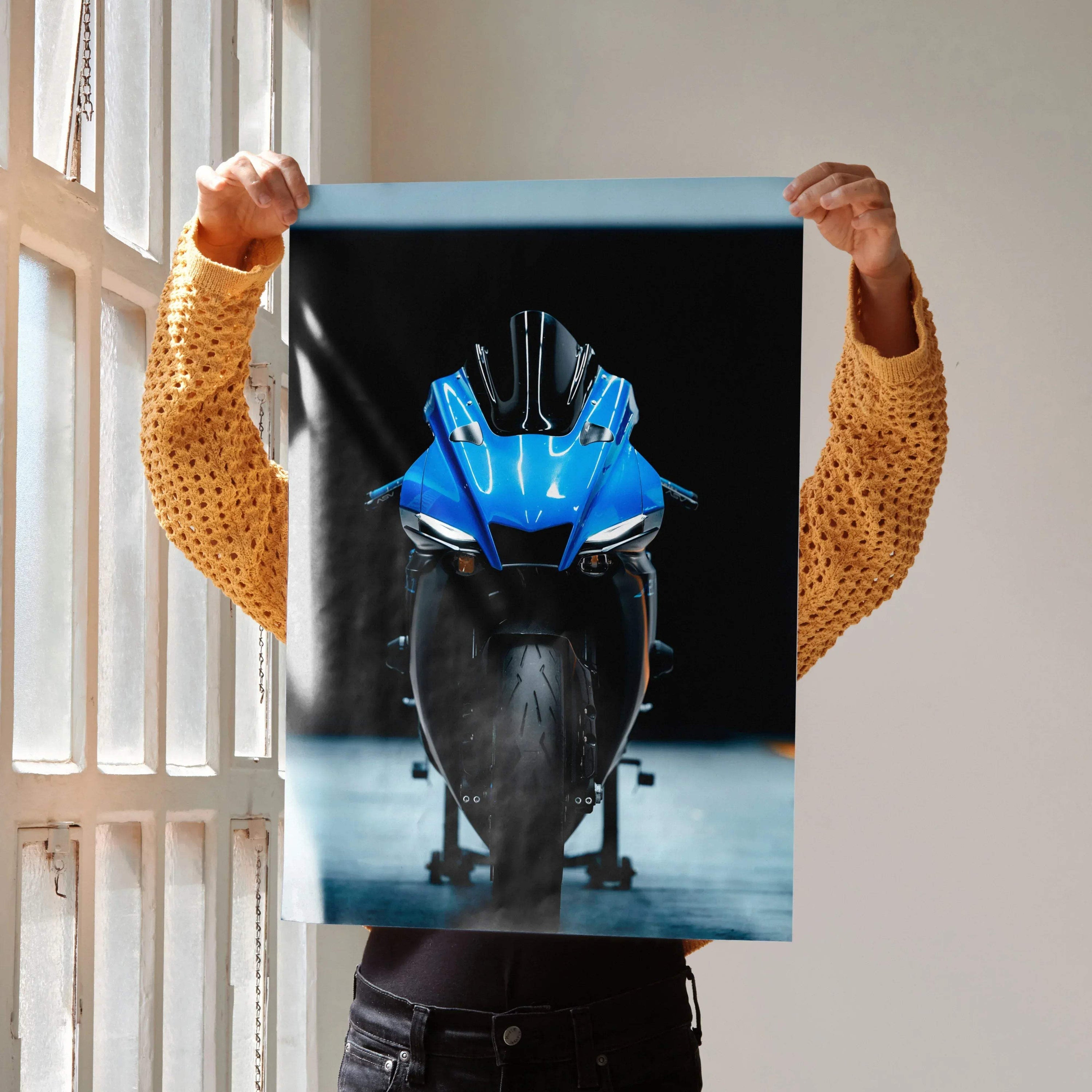Yamaha YZF-R1 motorcycle front view poster wall art in vivid blue and black colors.