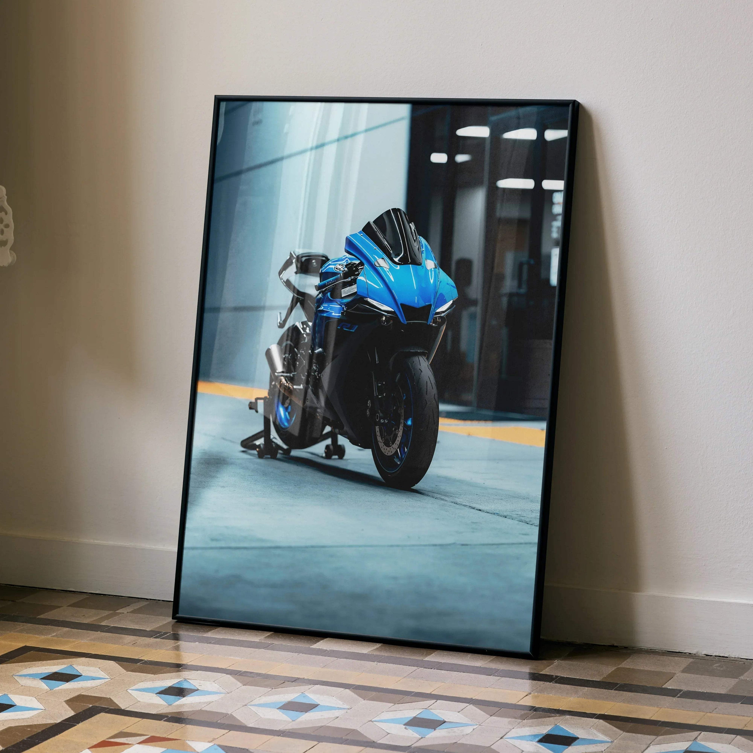 Yamaha R1 motorcycle poster with blue sportbike on display as sleek wall art in black frame.