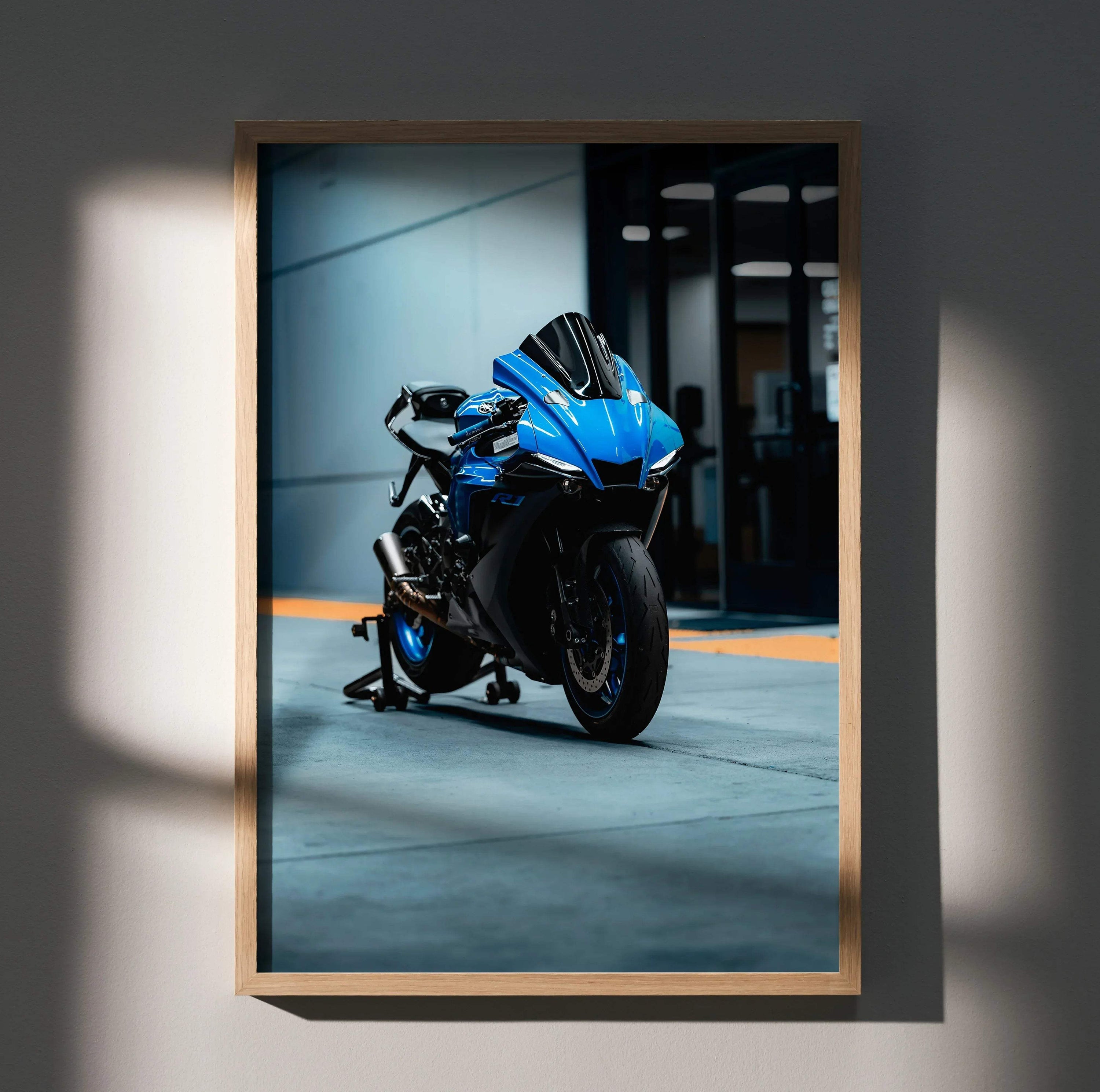 Yamaha R1 motorcycle poster with blue sportbike design in modern indoor setting wall art.