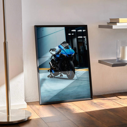 Yamaha R1 blue sports motorcycle poster leaning against wall modern interior wall art.