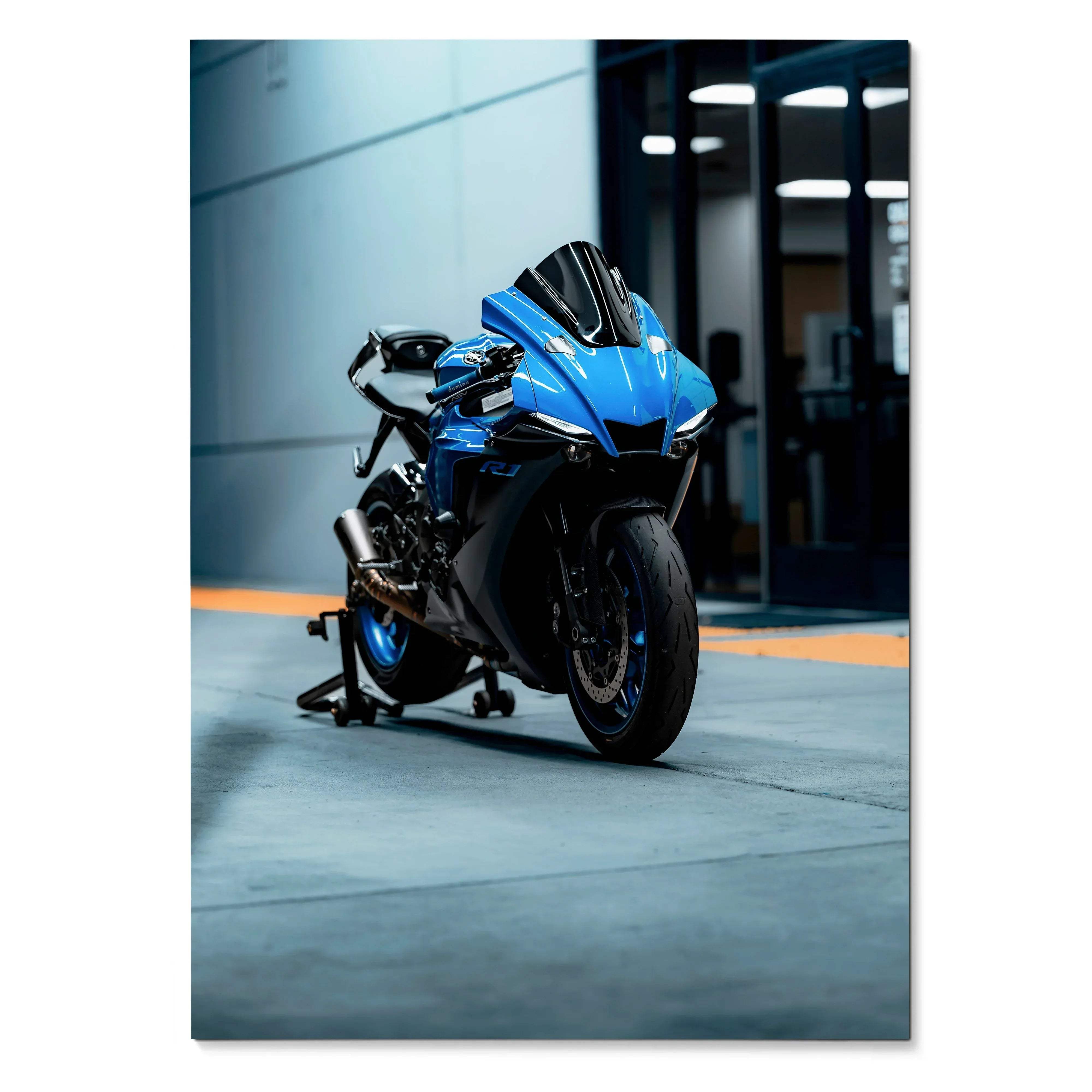 Blue Yamaha R1 motorcycle poster with sleek design and urban background wall art.
