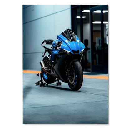 Blue Yamaha R1 motorcycle poster with sleek design and urban background wall art.