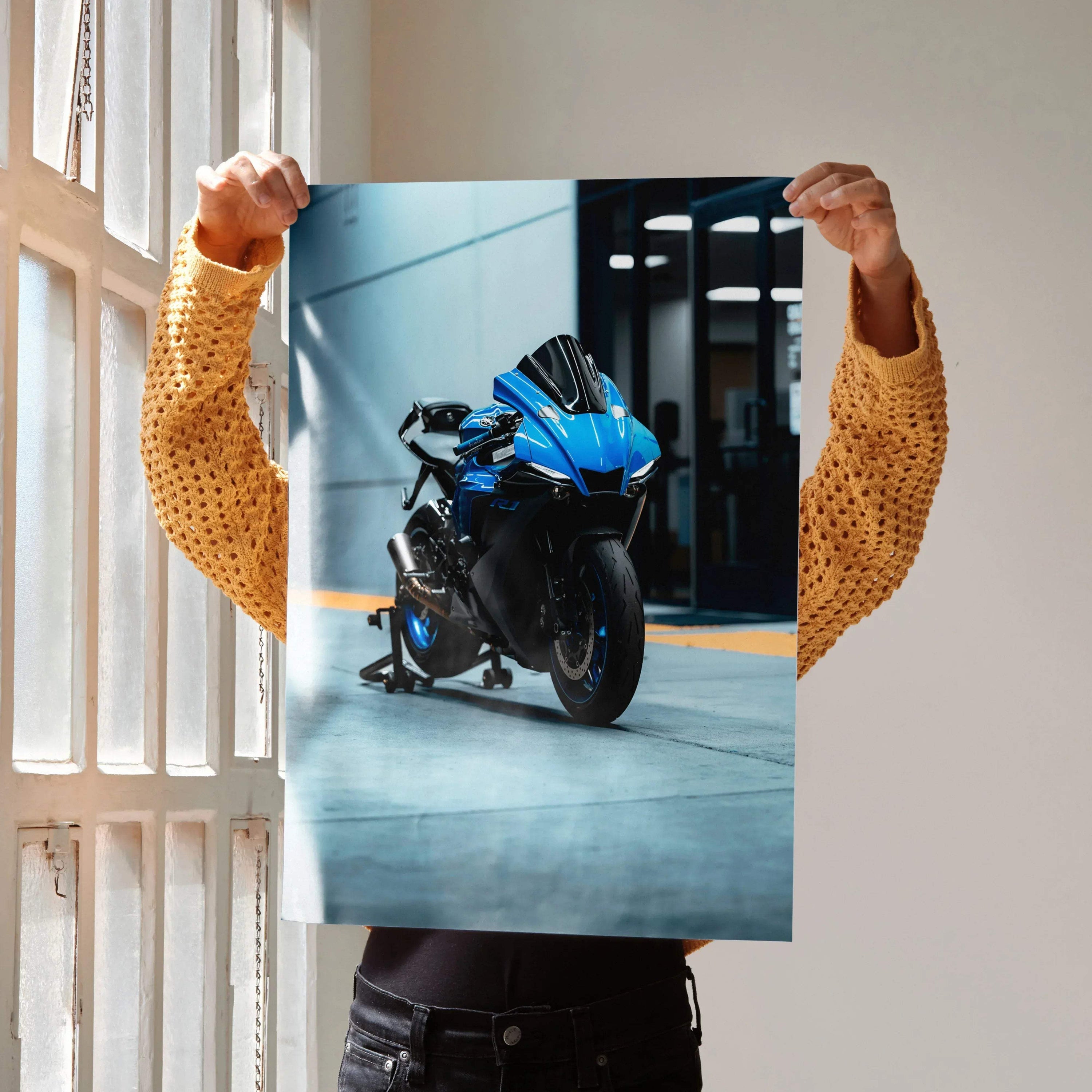Blue Yamaha R1 motorcycle poster with sleek design displayed as modern wall art.