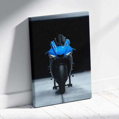 Yamaha R1 blue motorcycle front view on black background canvas wall art.