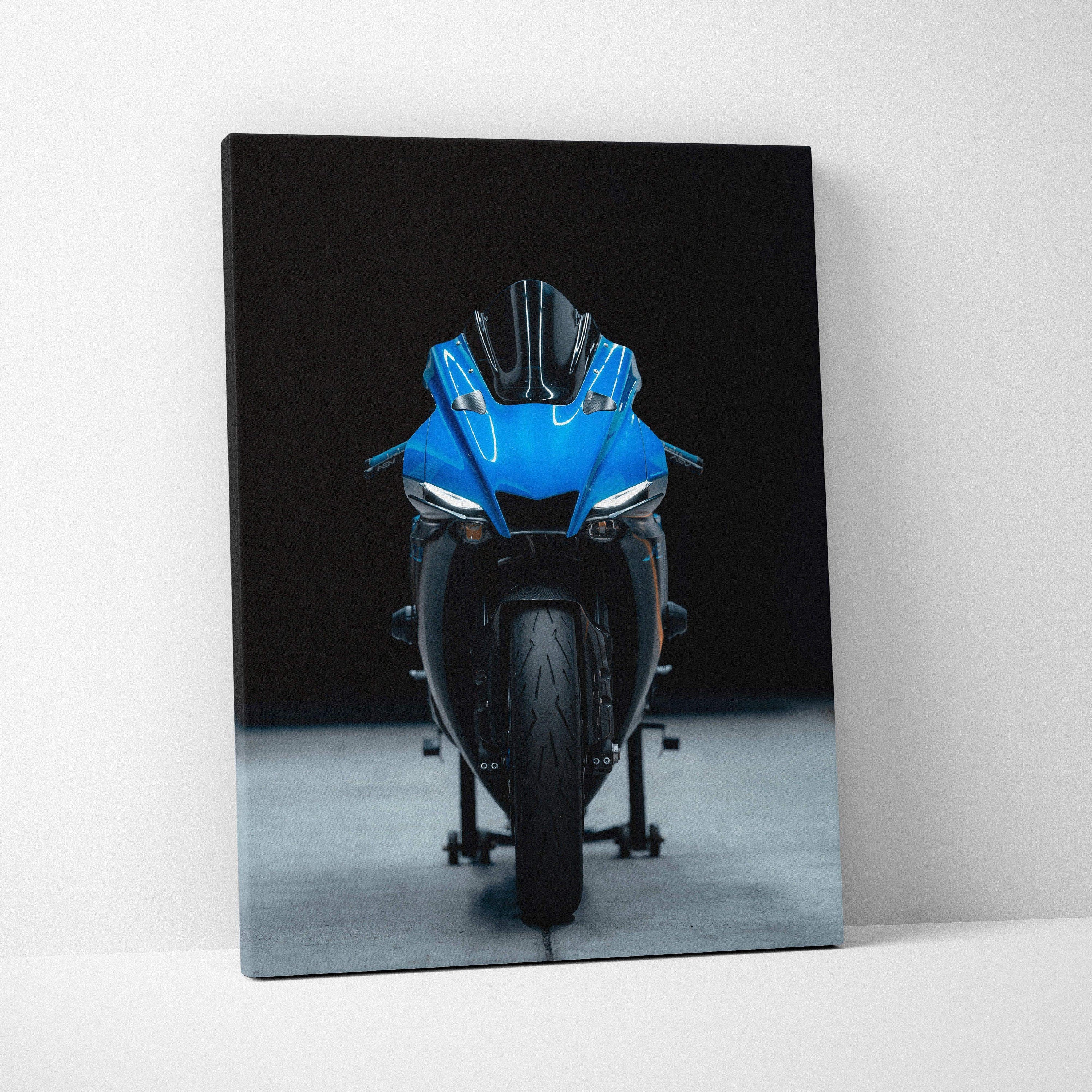 Yamaha R1 motorcycle front view on black background canvas wall art in vertical format.