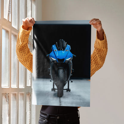 Yamaha R1 motorcycle front view art poster with blue bike on black and gray background wall art.