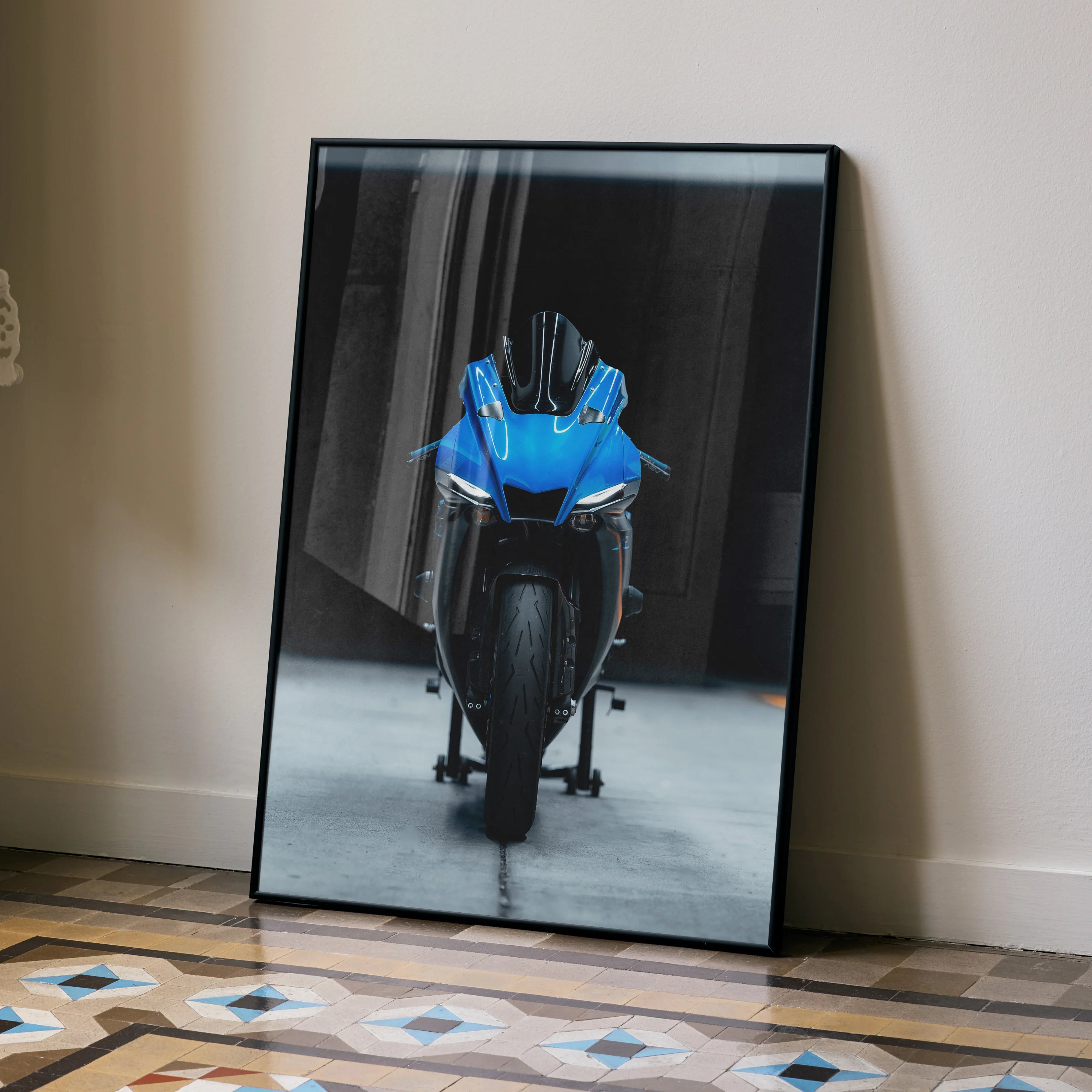 Yamaha R1 motorcycle front view on premium satin poster leaning against wall, modern wall art.