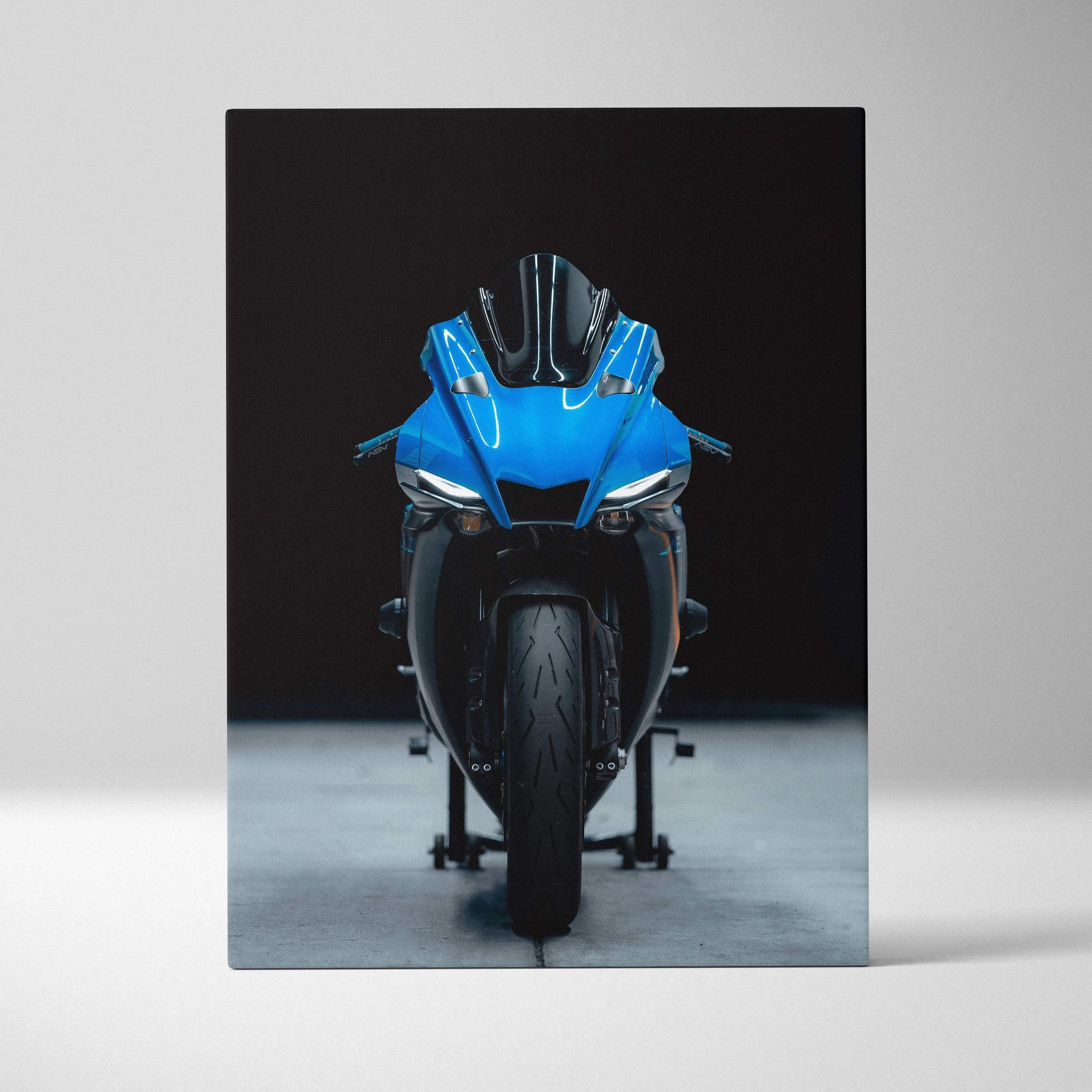 Yamaha R1 sports motorcycle front view on black background canvas wall art.