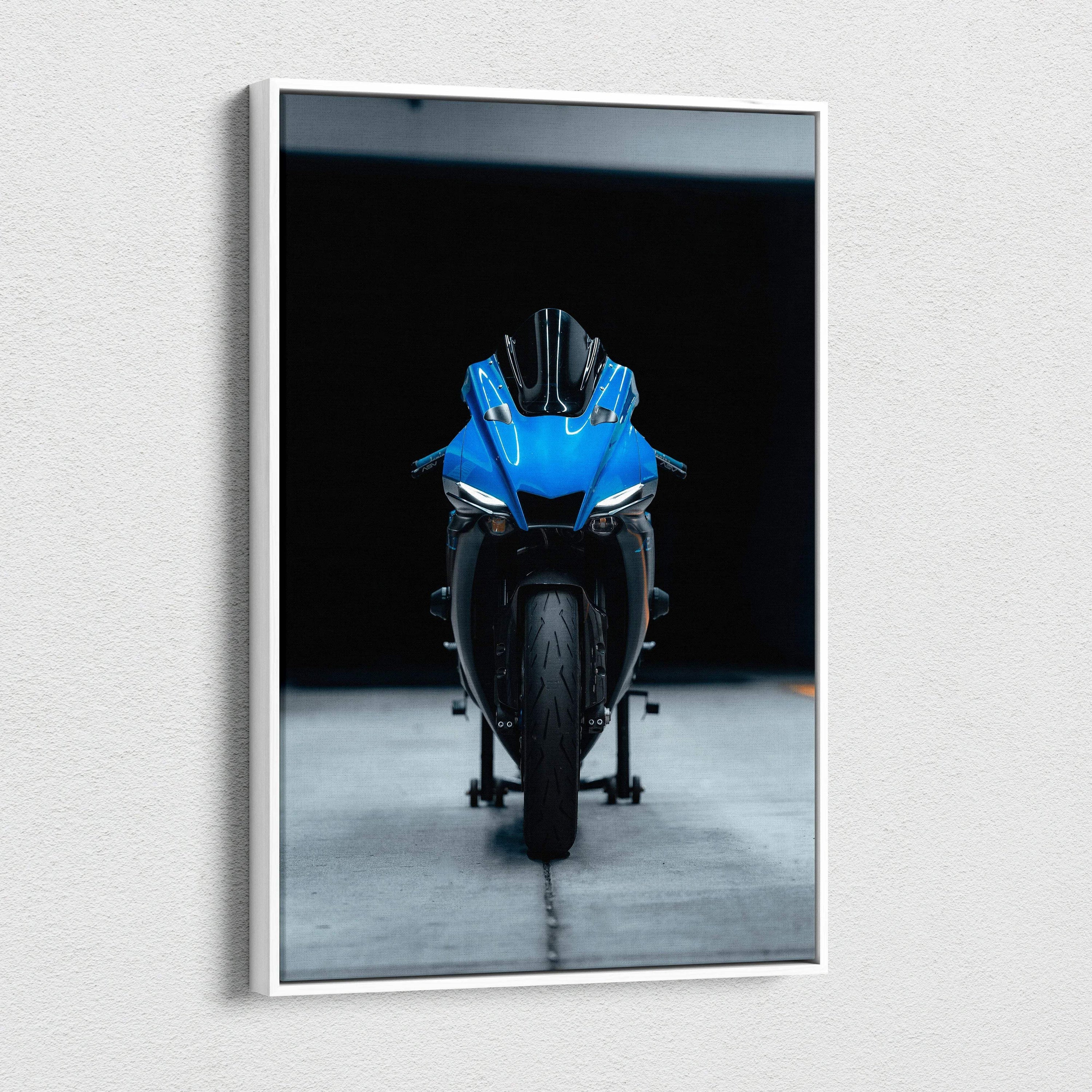 Vertical canvas art of a blue Yamaha R1 motorcycle front view on wall, high resolution wall art.