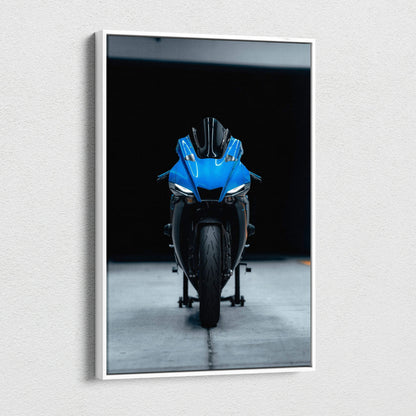 Vertical canvas art of a blue Yamaha R1 motorcycle front view on wall, high resolution wall art.