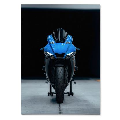 Yamaha R1 motorcycle front view poster with blue bike on black background wall art.