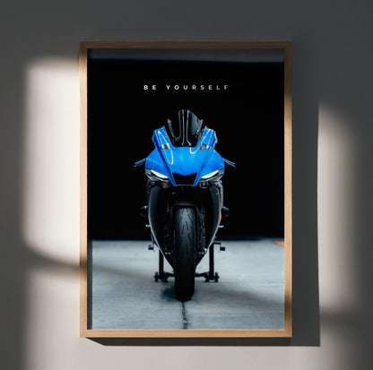 Motivational poster wall art featuring a front view of a blue Yamaha R1 motorcycle on black background with "Be Yourself".
