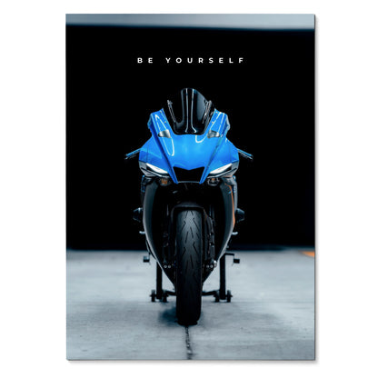 Blue Yamaha R1 motorcycle front view with "Be Yourself" text motivational poster wall art.