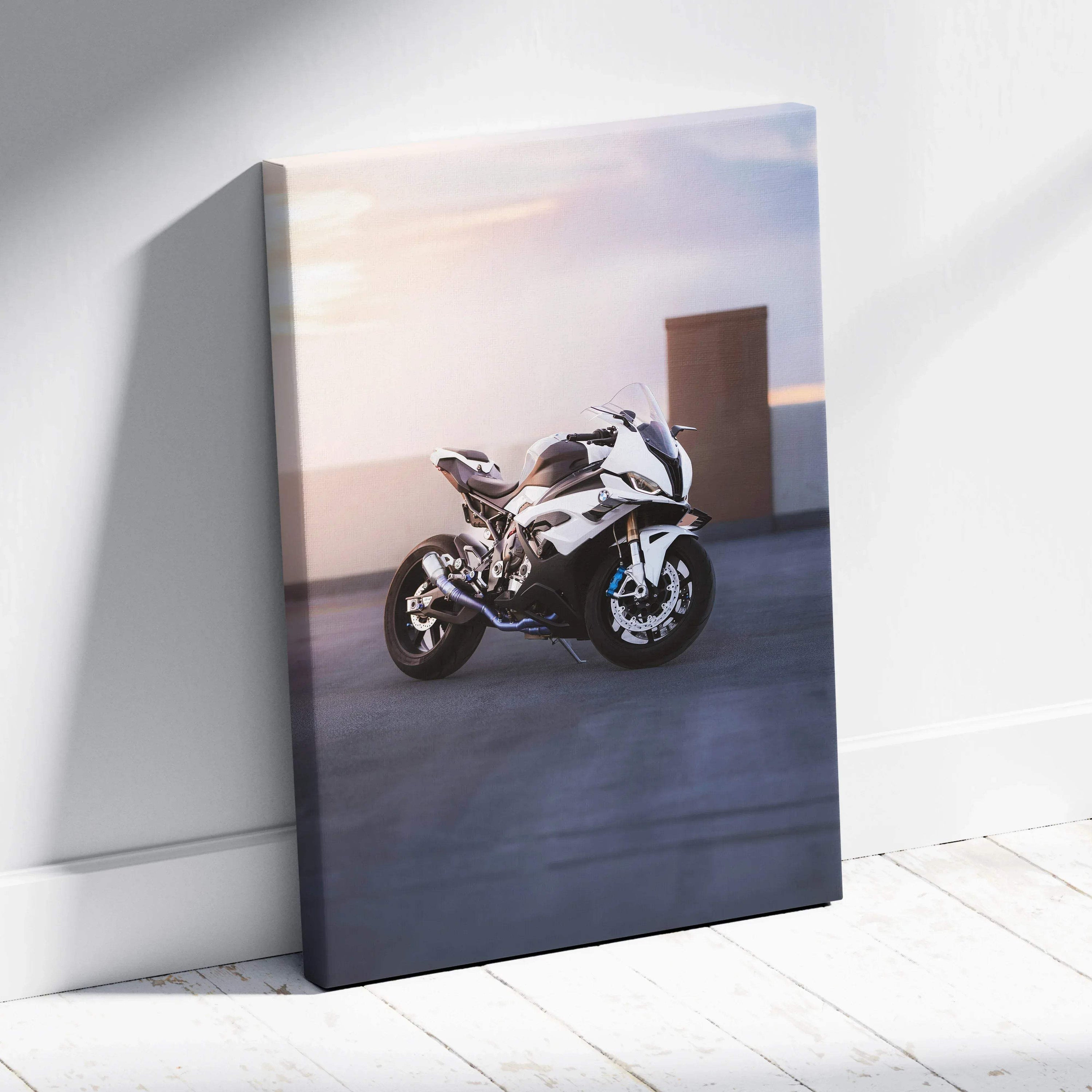 BMW S1000RR motorcycle canvas wall art with sunset background, vertical museum-quality print.
