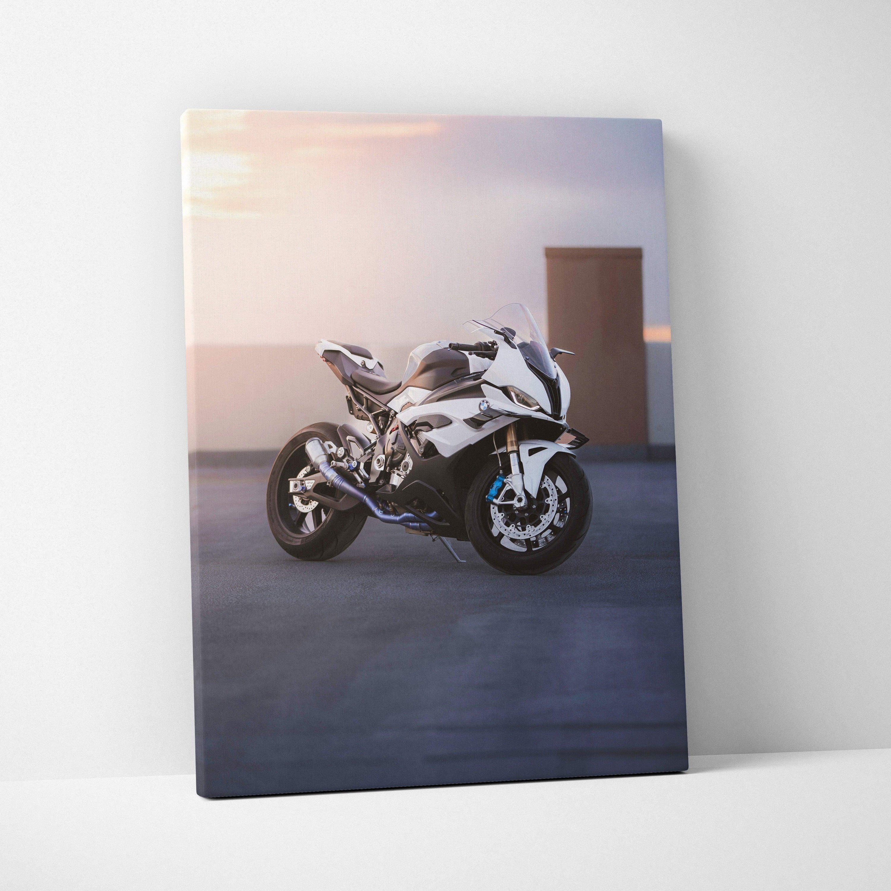 BMW S1000RR motorcycle at sunset on high-resolution vertical canvas wall art.