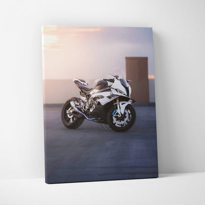 BMW S1000RR motorcycle at sunset on high-resolution vertical canvas wall art.