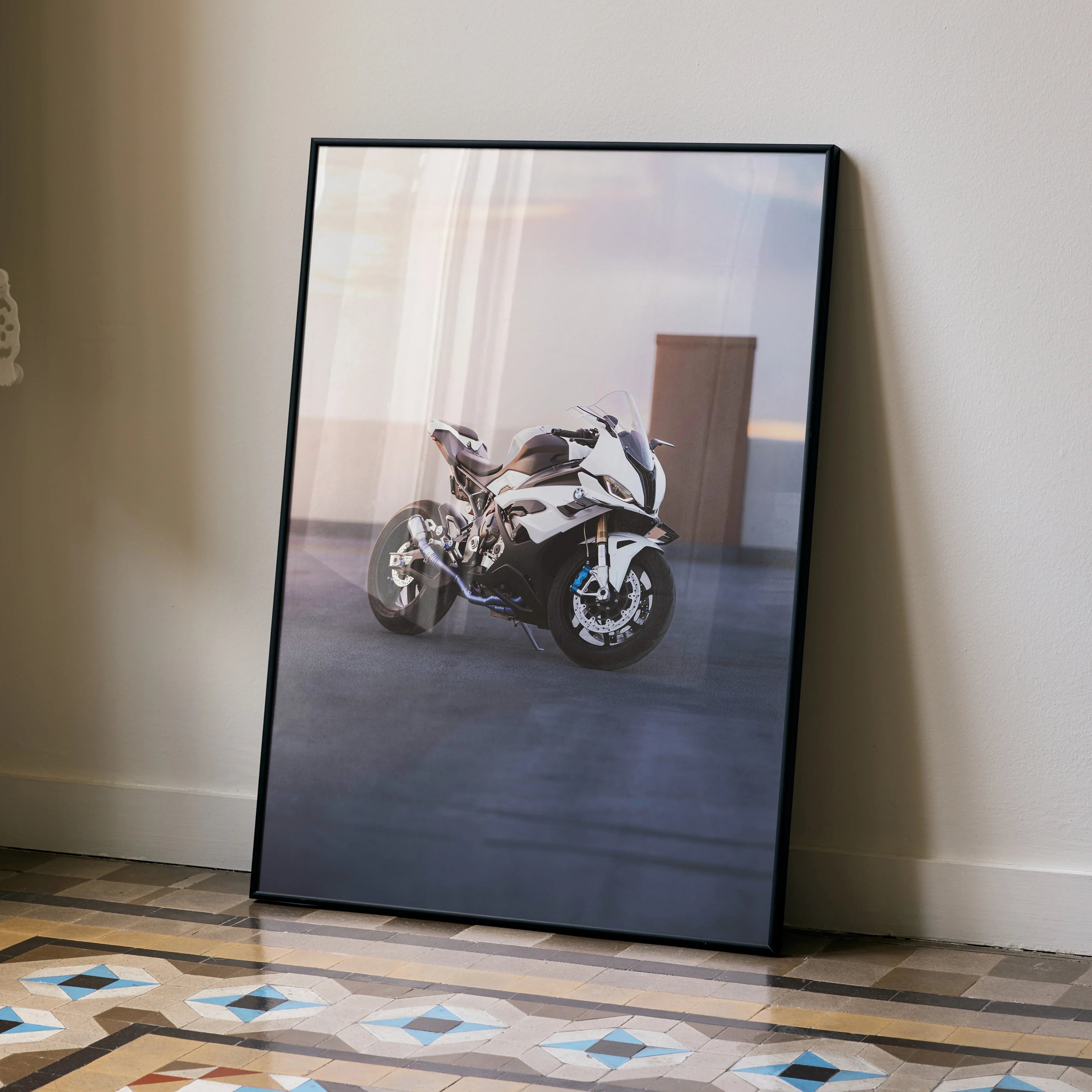 BMW S1000RR motorcycle poster with modern urban sunset background wall art.