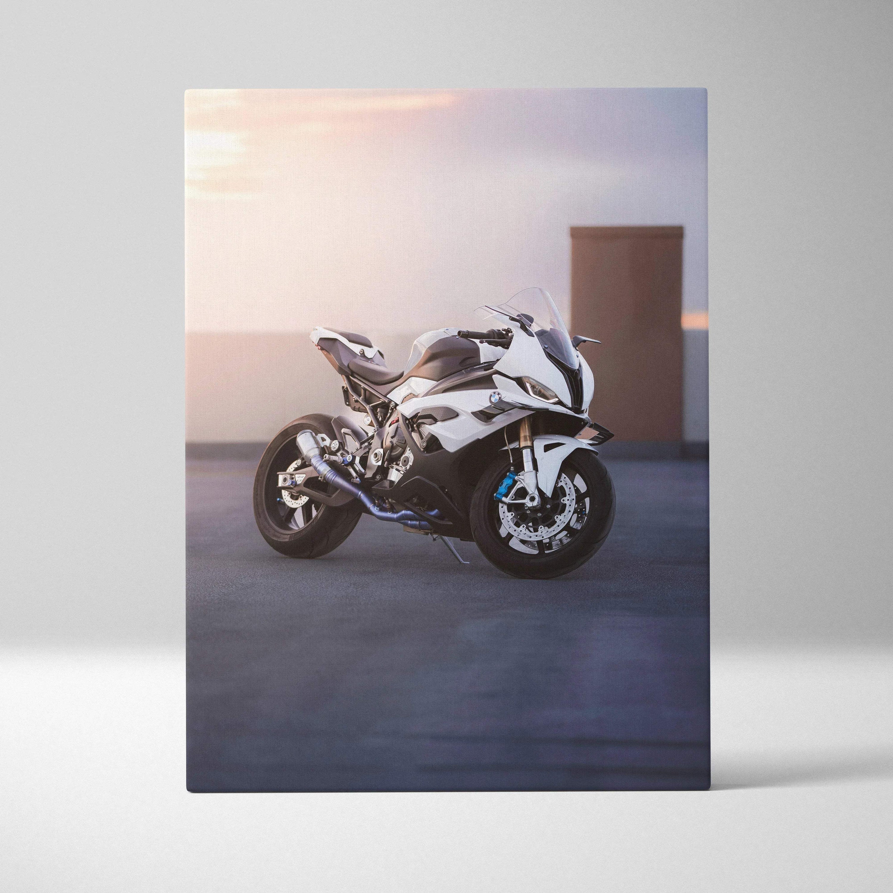 BMW S1000RR motorcycle sunset canvas wall art with sleek white sportbike design.