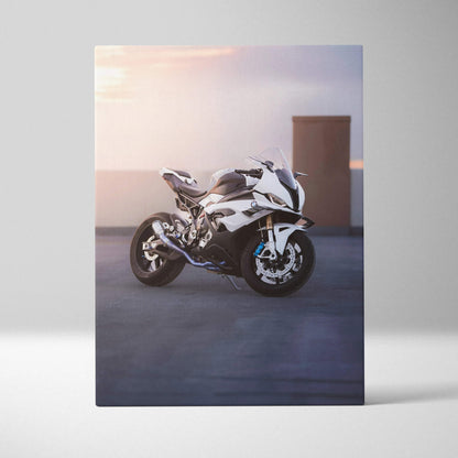 BMW S1000RR motorcycle sunset canvas wall art with sleek white sportbike design.