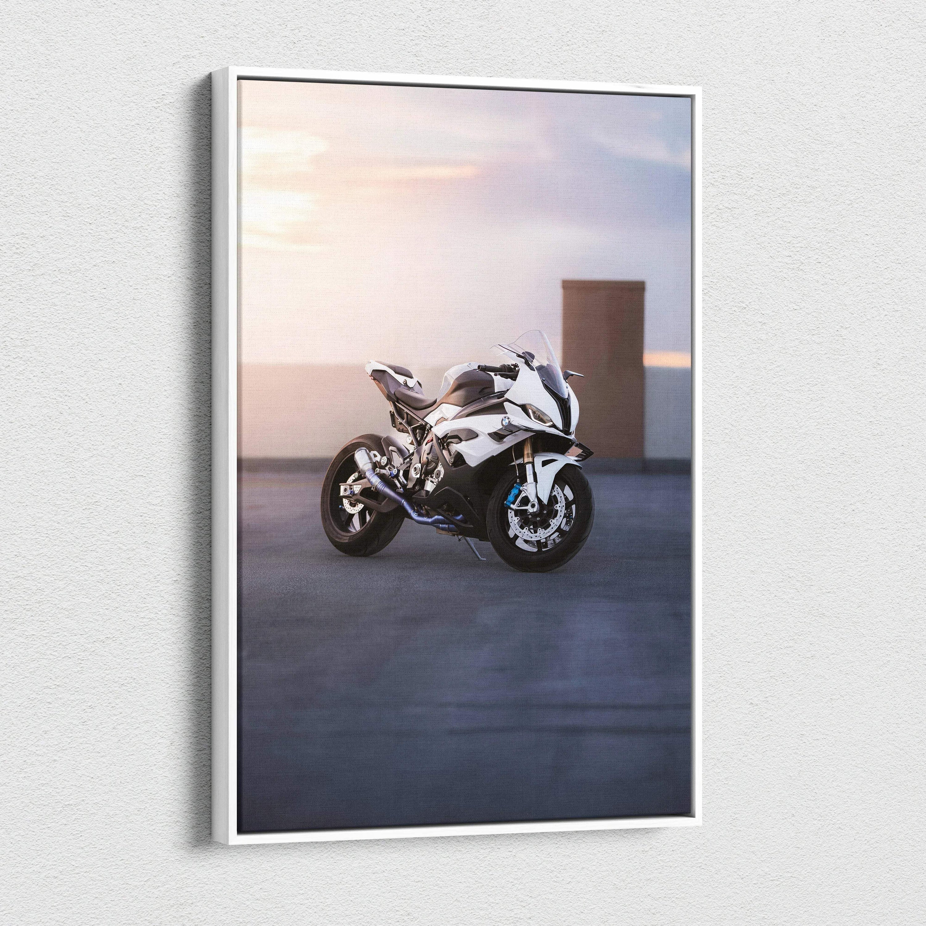 BMW S1000RR motorcycle at sunset on vertical canvas wall art with high-resolution detail.