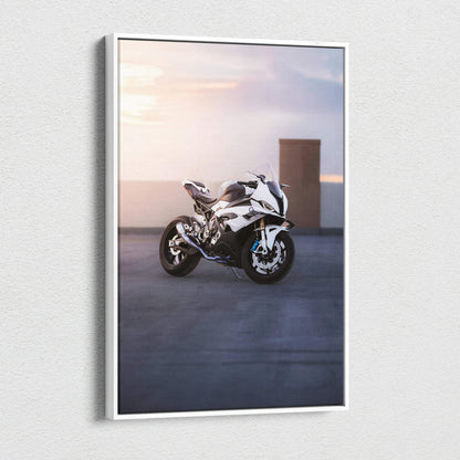 BMW S1000RR motorcycle at sunset on vertical canvas wall art with high-resolution detail.