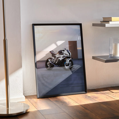 BMW S1000RR motorcycle poster with sunset backdrop framed as stylish wall art.