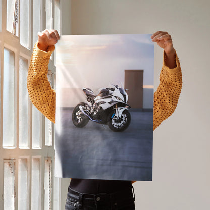 BMW S1000RR motorcycle poster with sunset background, sleek white wall art decor.