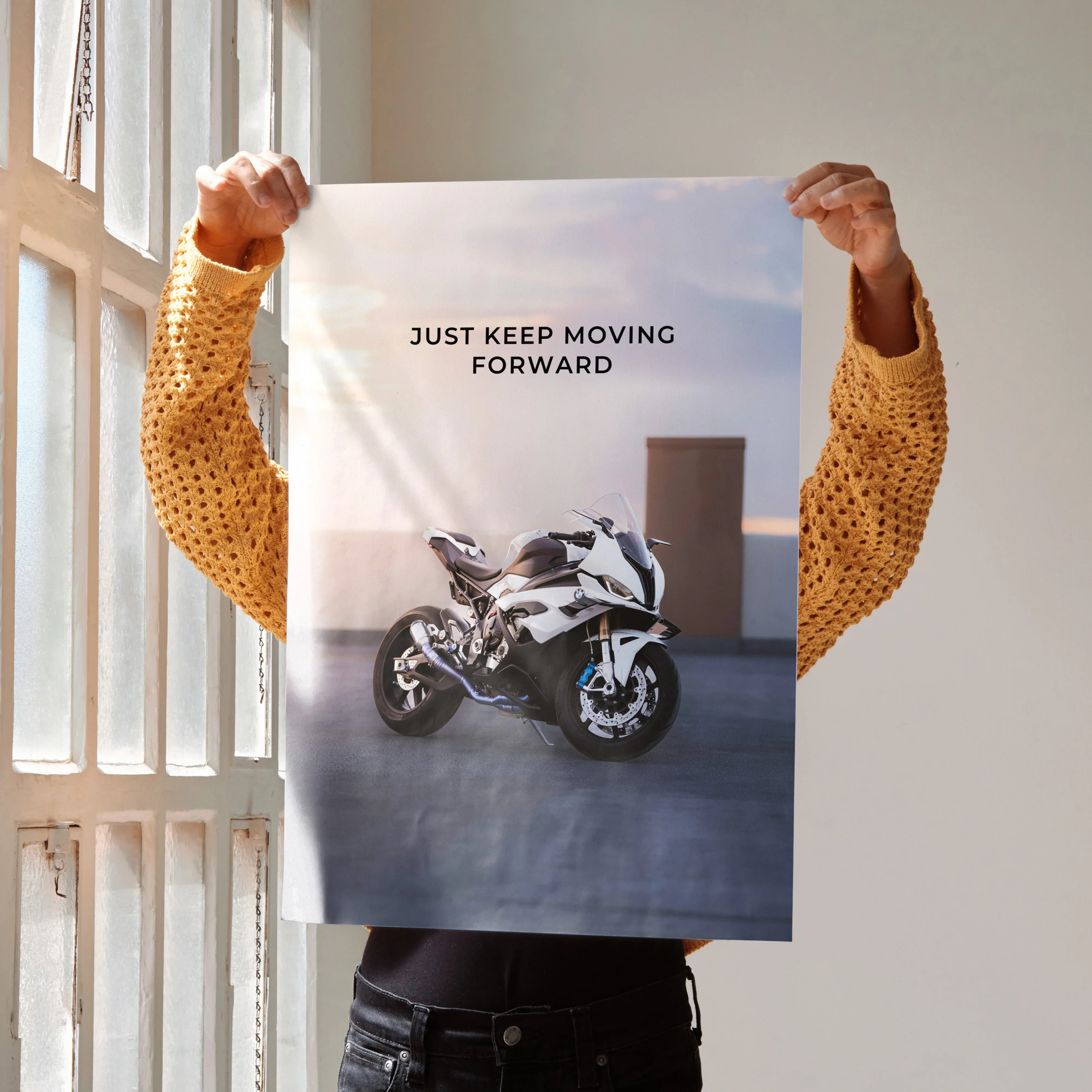 BMW S1000RR motorcycle poster wall art with "Just Keep Moving Forward" motivational text.