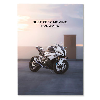 BMW S1000RR motorcycle poster with "Just Keep Moving Forward" motivational text, wall art with sunset background.