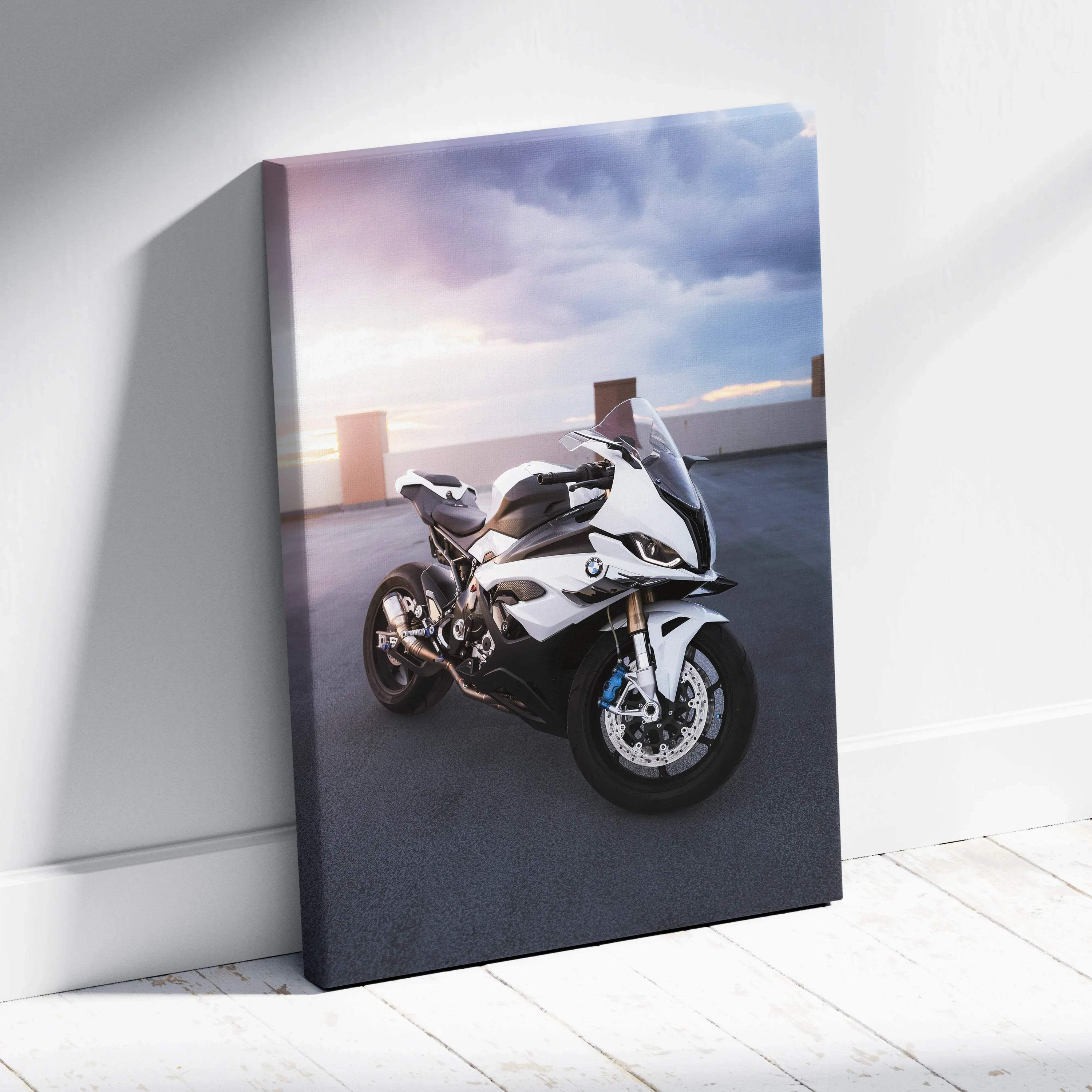 BMW S1000RR motorcycle canvas wall art with sunset sky, high-resolution vertical print.