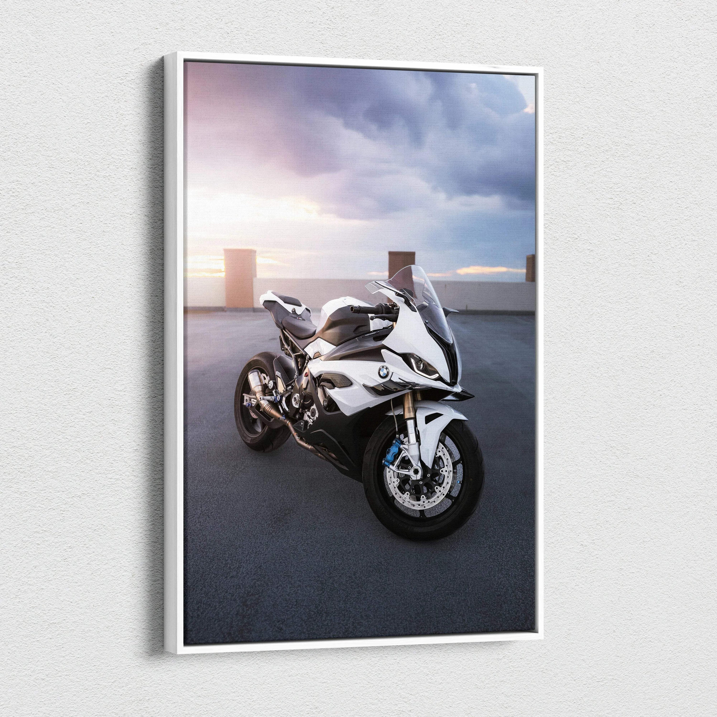 BMW S1000RR motorcycle against sunset sky on vertical canvas wall art print.