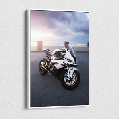 BMW S1000RR motorcycle against sunset sky on vertical canvas wall art print.