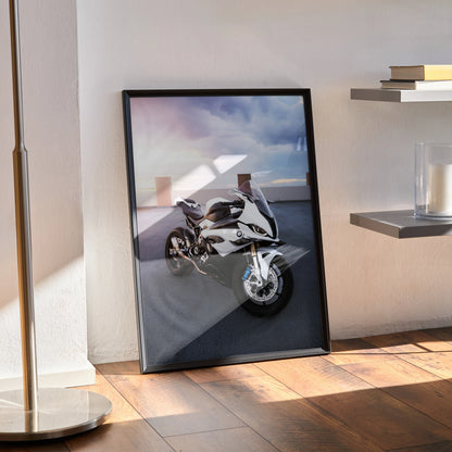 BMW S1000RR motorcycle art poster with dynamic racing design in sleek black frame leaning on floor wall art.