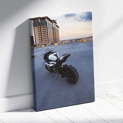Vertical canvas art featuring a BMW S1000RR motorcycle on rooftop at sunset, high-resolution wall art.