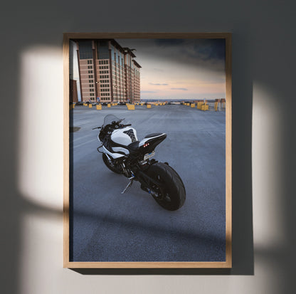 BMW S1000RR motorcycle art print poster in a wooden frame, rooftop sunset wall art.