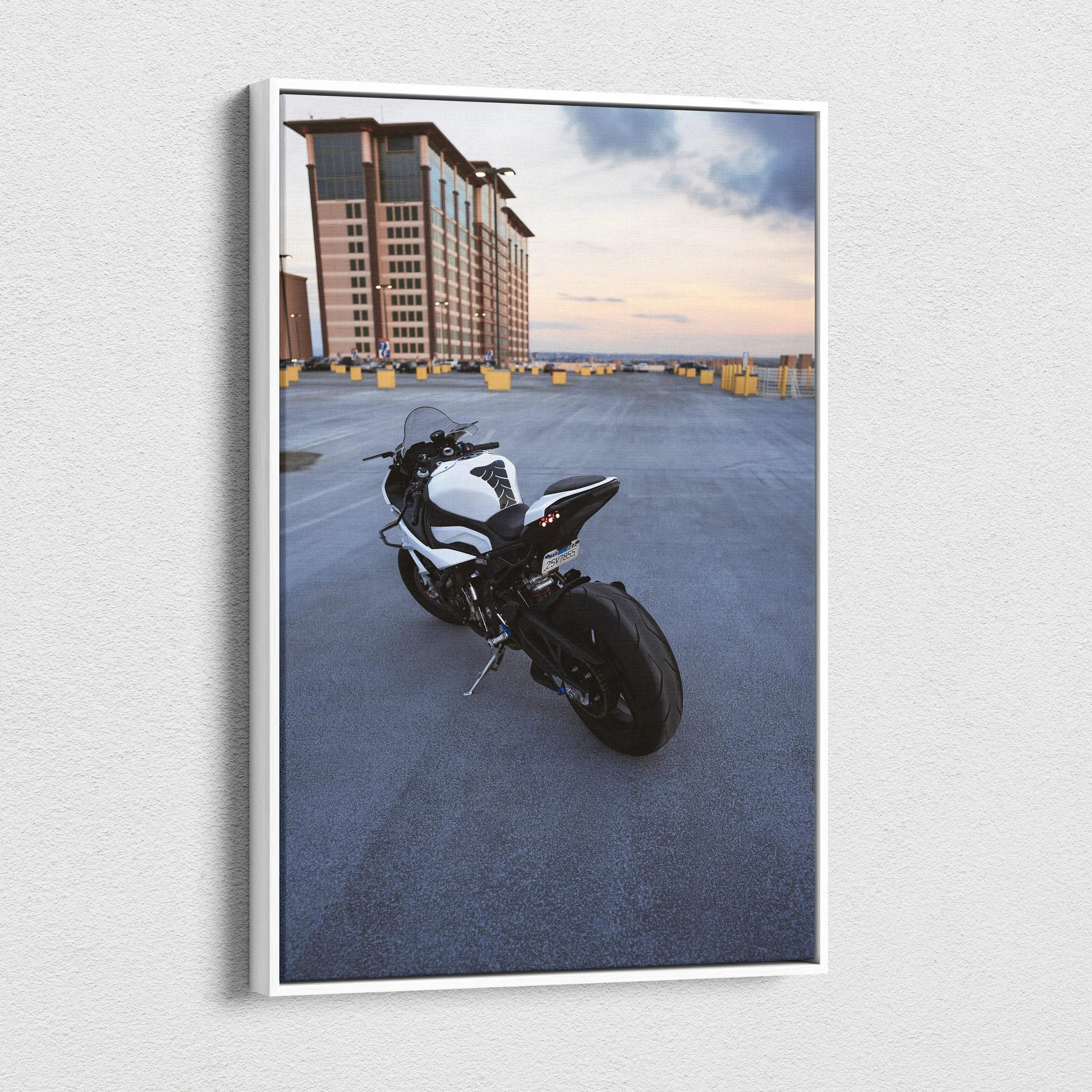 BMW S1000RR motorcycle on rooftop at sunset vertical canvas wall art with modern cityscape background.