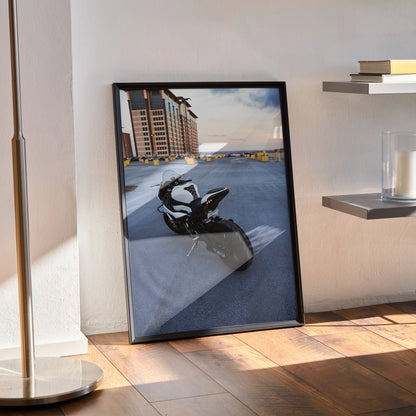 BMW S1000RR motorcycle art print poster with urban background in black frame wall art.