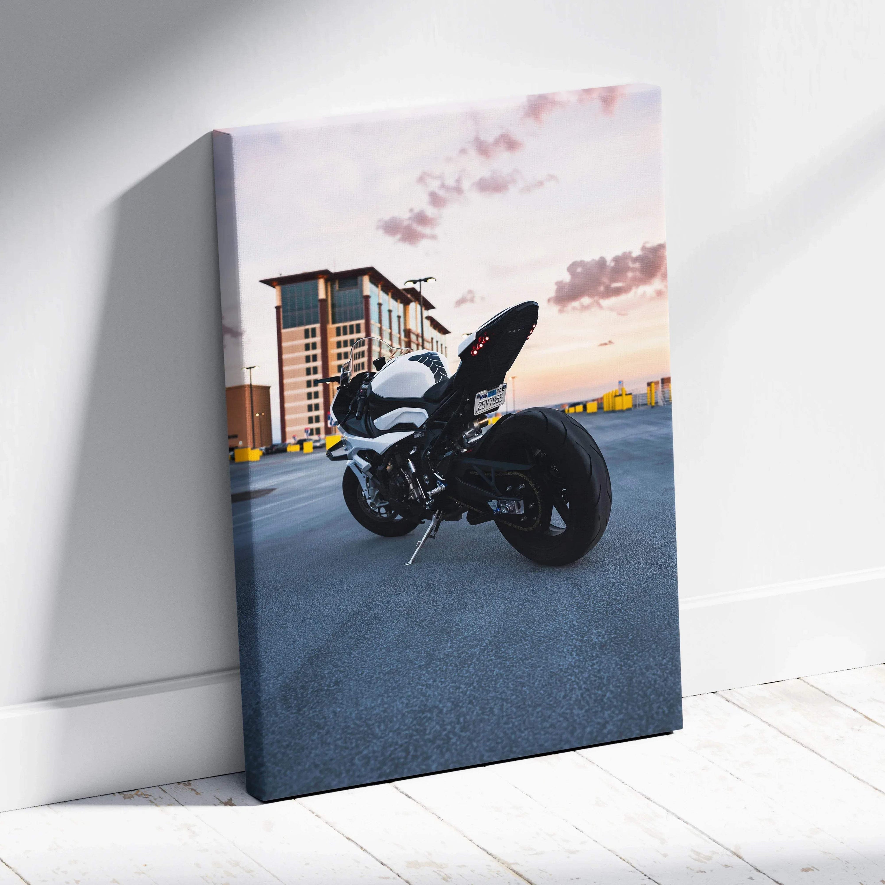 BMW S1000RR motorcycle against sunset urban backdrop on vertical canvas wall art.