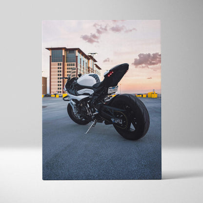 BMW S1000RR motorcycle at sunset printed on vertical canvas wall art with high-resolution detail.
