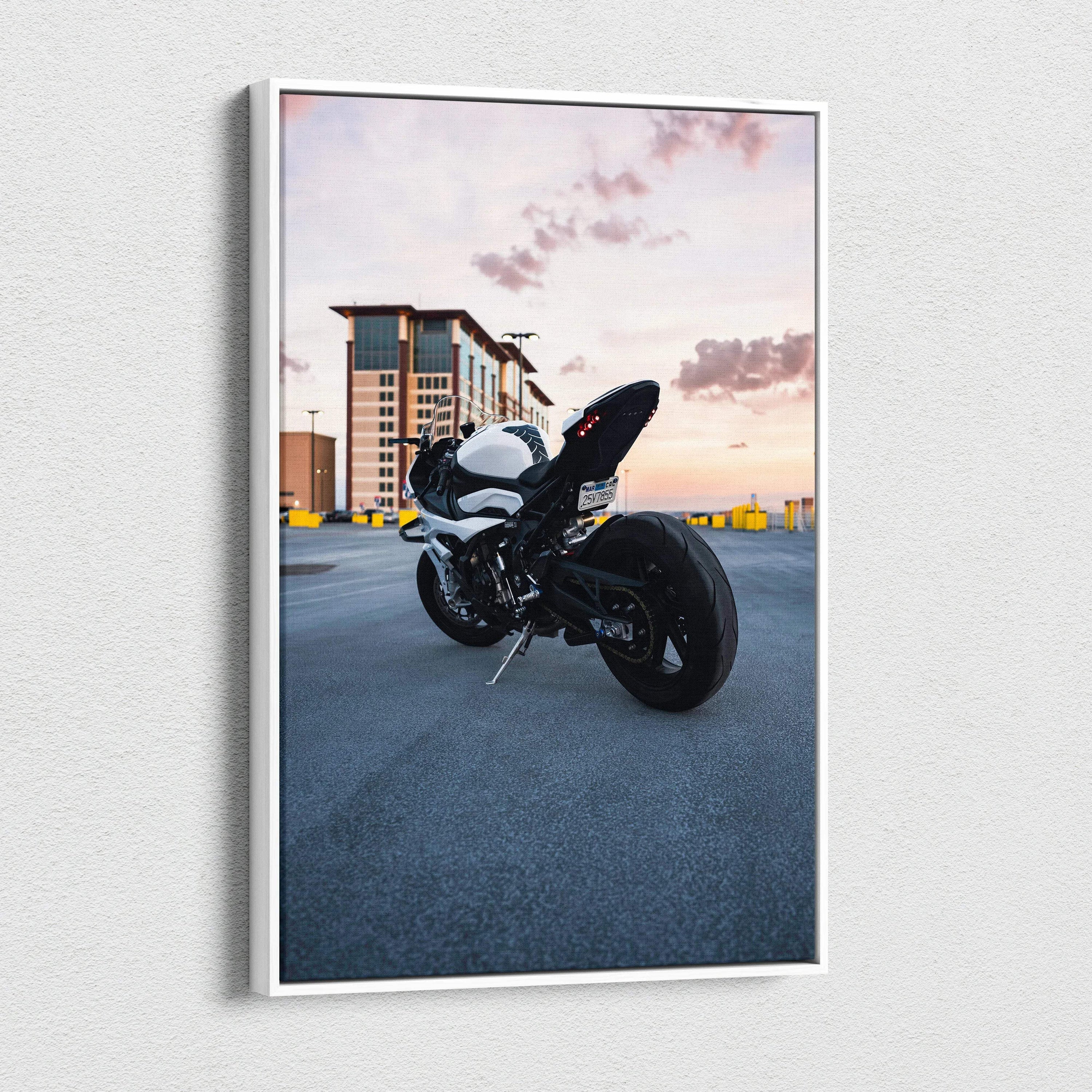 BMW S1000RR motorcycle at sunset on vertical canvas wall art with modern building background.