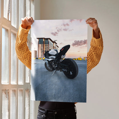 BMW S1000RR motorcycle poster with sunset urban background, premium satin wall art print.