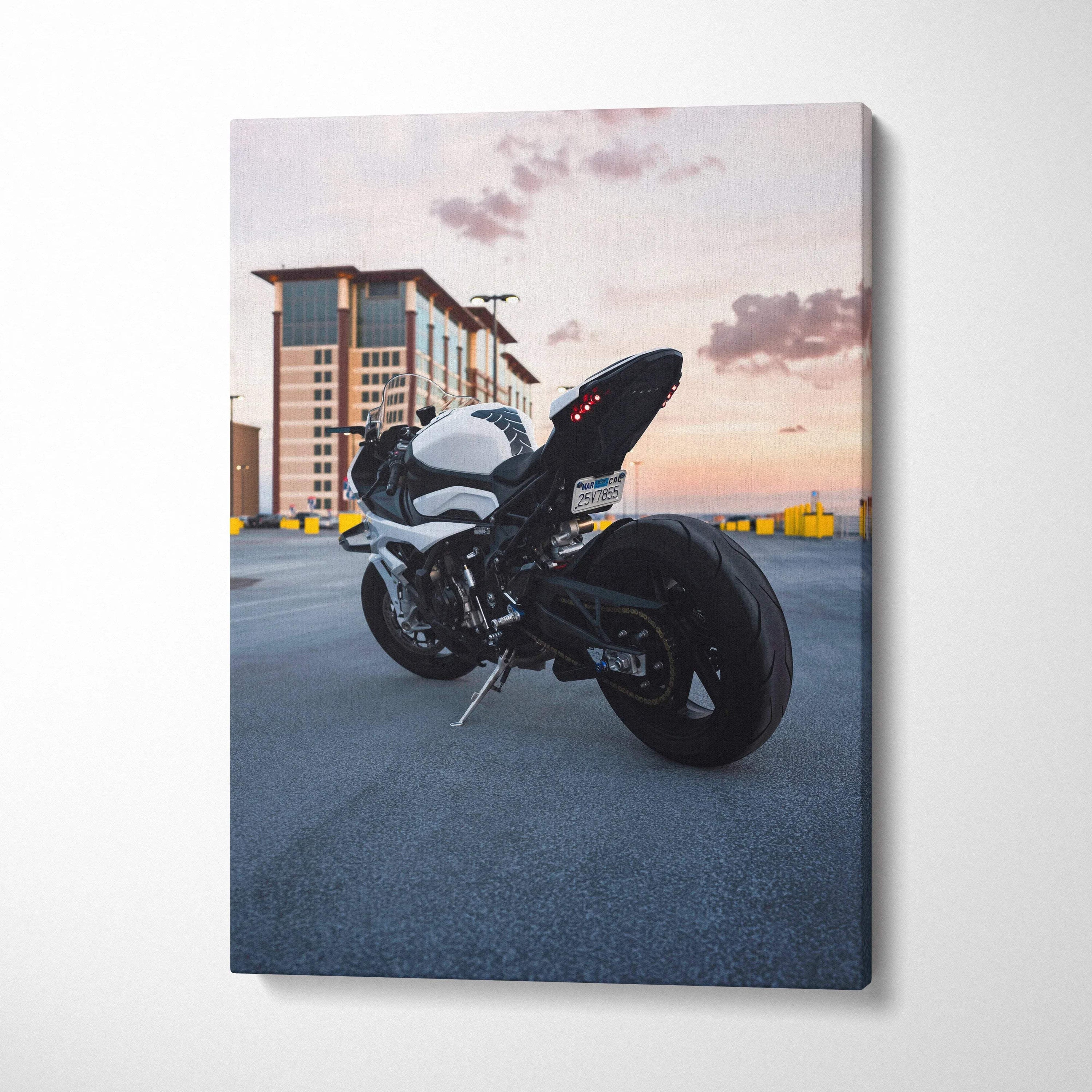 BMW S1000RR motorcycle at sunset on vertical canvas wall art with museum-quality print.