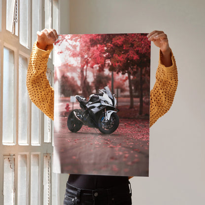 BMW S1000RR motorcycle poster with autumn red leaves background wall art.