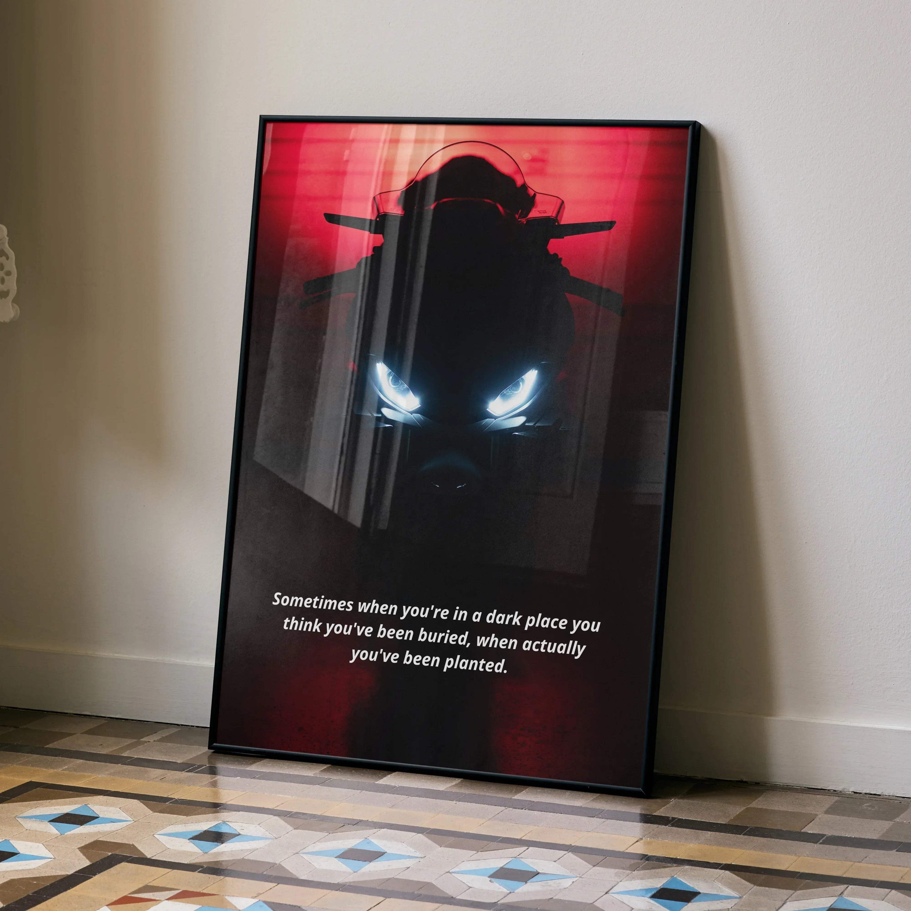 BMW S1000RR inspired poster wall art with glowing headlights and motivational quote in red tones.