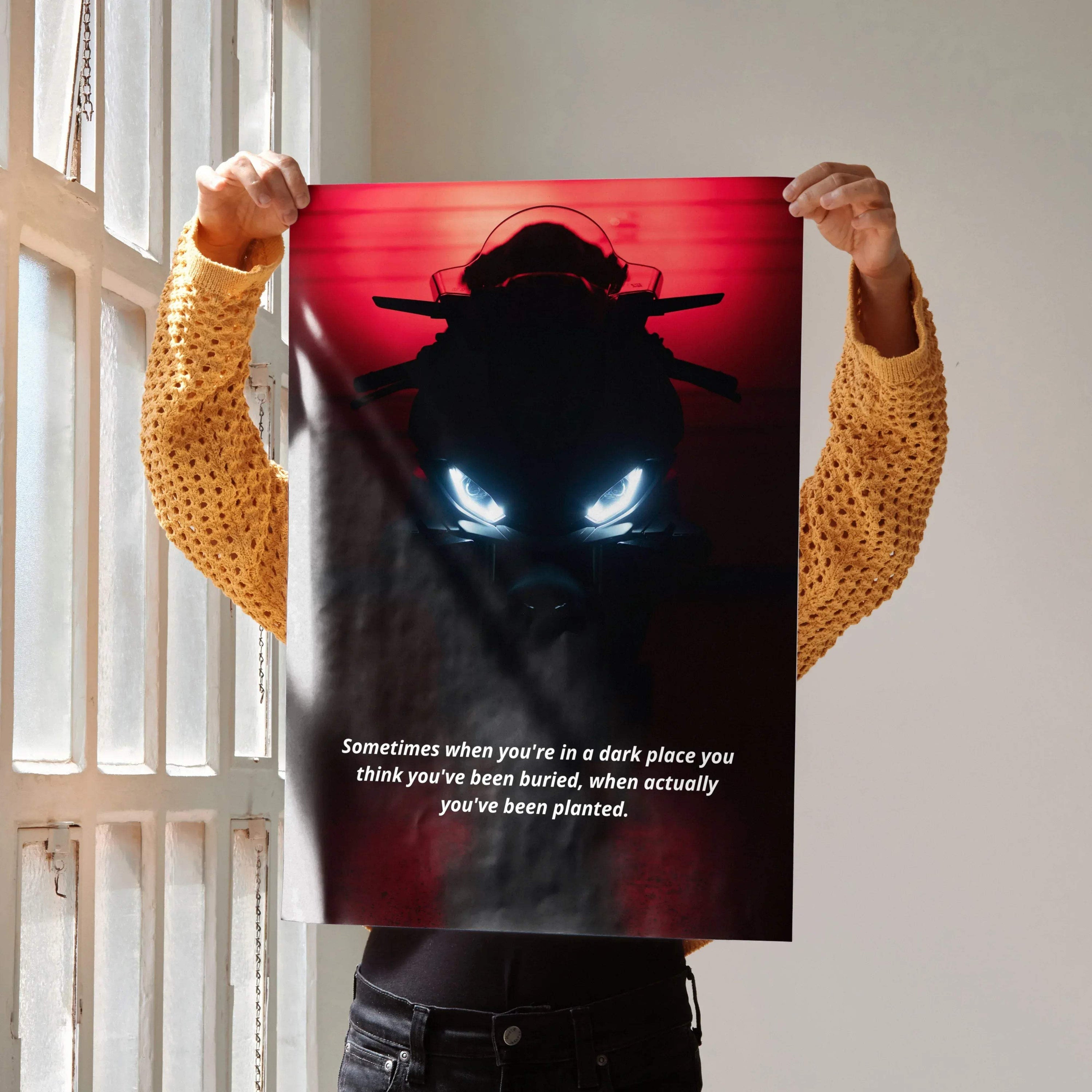 BMW S1000RR silhouette with glowing headlights and motivational quote poster wall art.