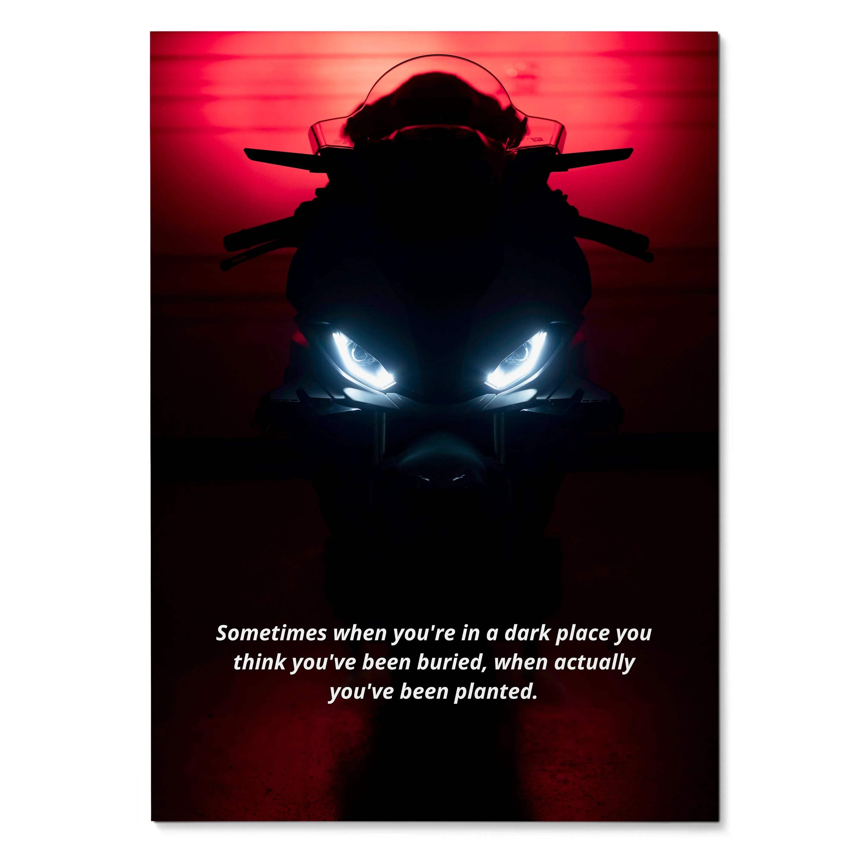 BMW S1000RR motorcycle silhouette with glowing headlights and motivational quote poster wall art.