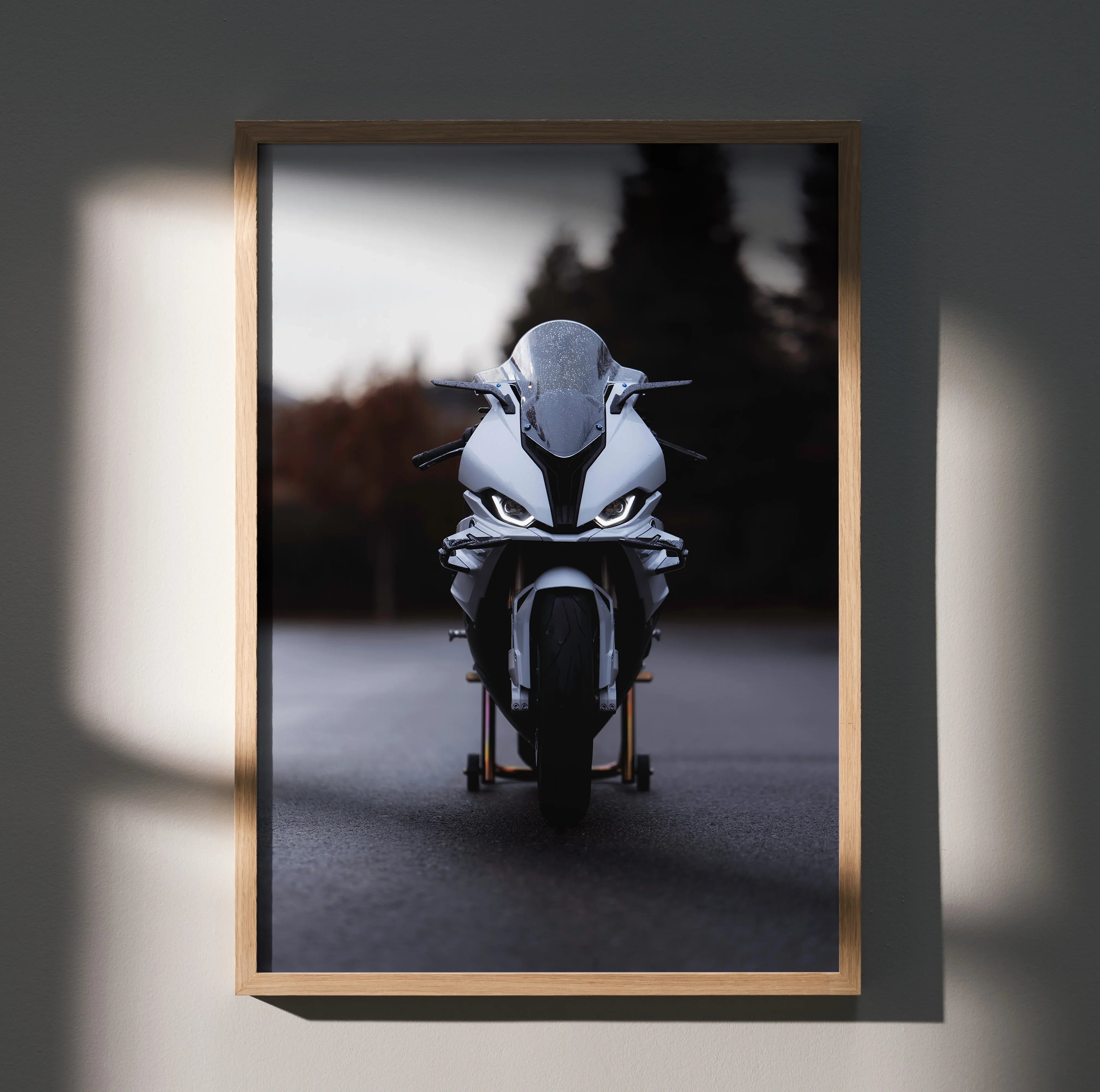 BMW S1000RR motorcycle poster wall art with sleek front view on dark blurred background.